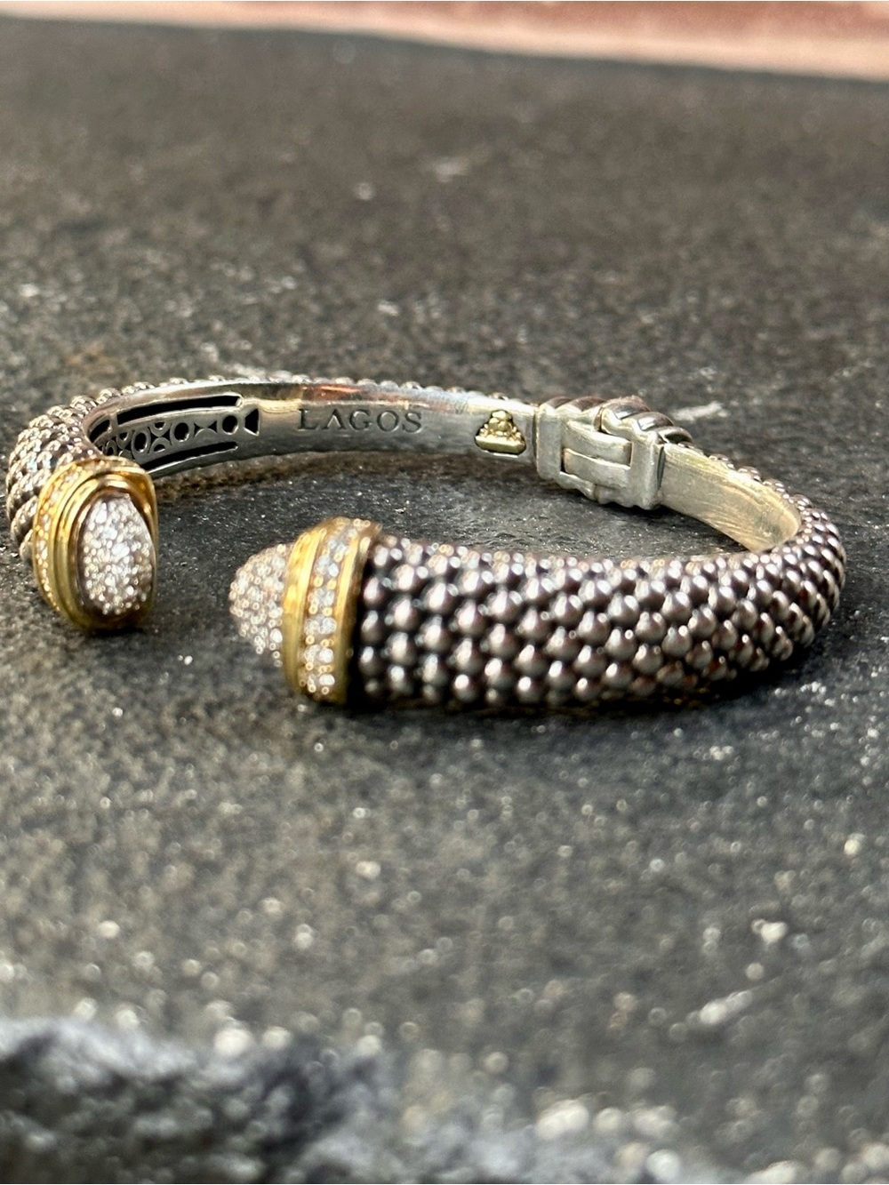 ARCHIVEDouble Diamond LAGOS 12mm Caviar LUX 1.30ctw Diamond Hinged Cuff Bracelet